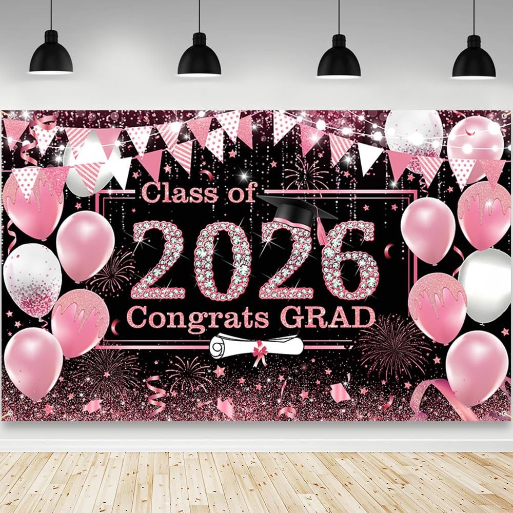 Pink Graduation Backdrop Decorations 2026 Pink Graduation Bnner Class of 2026…