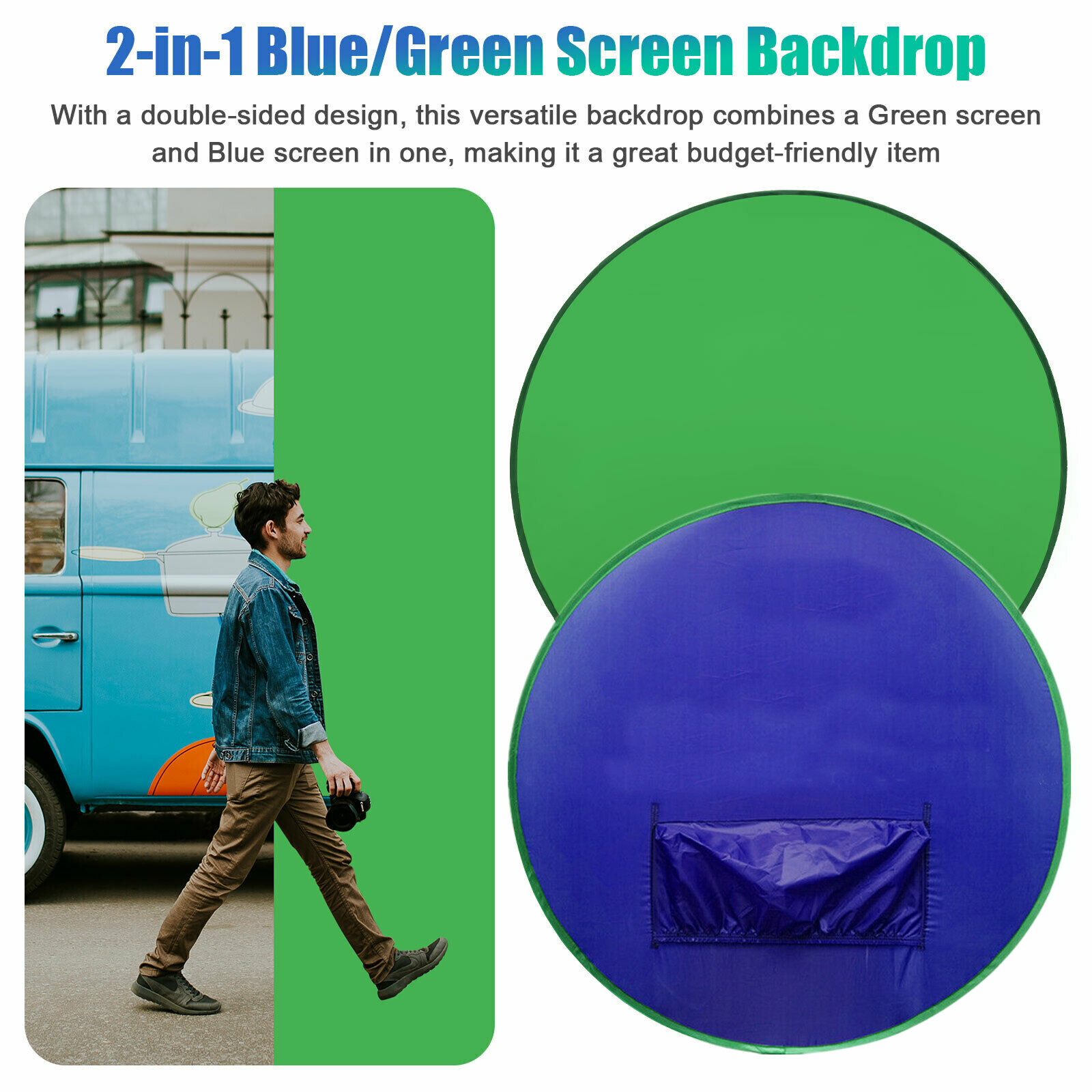 2 in 1 Round Green Blue Backdrop Photography Background Screen for Video Studio
