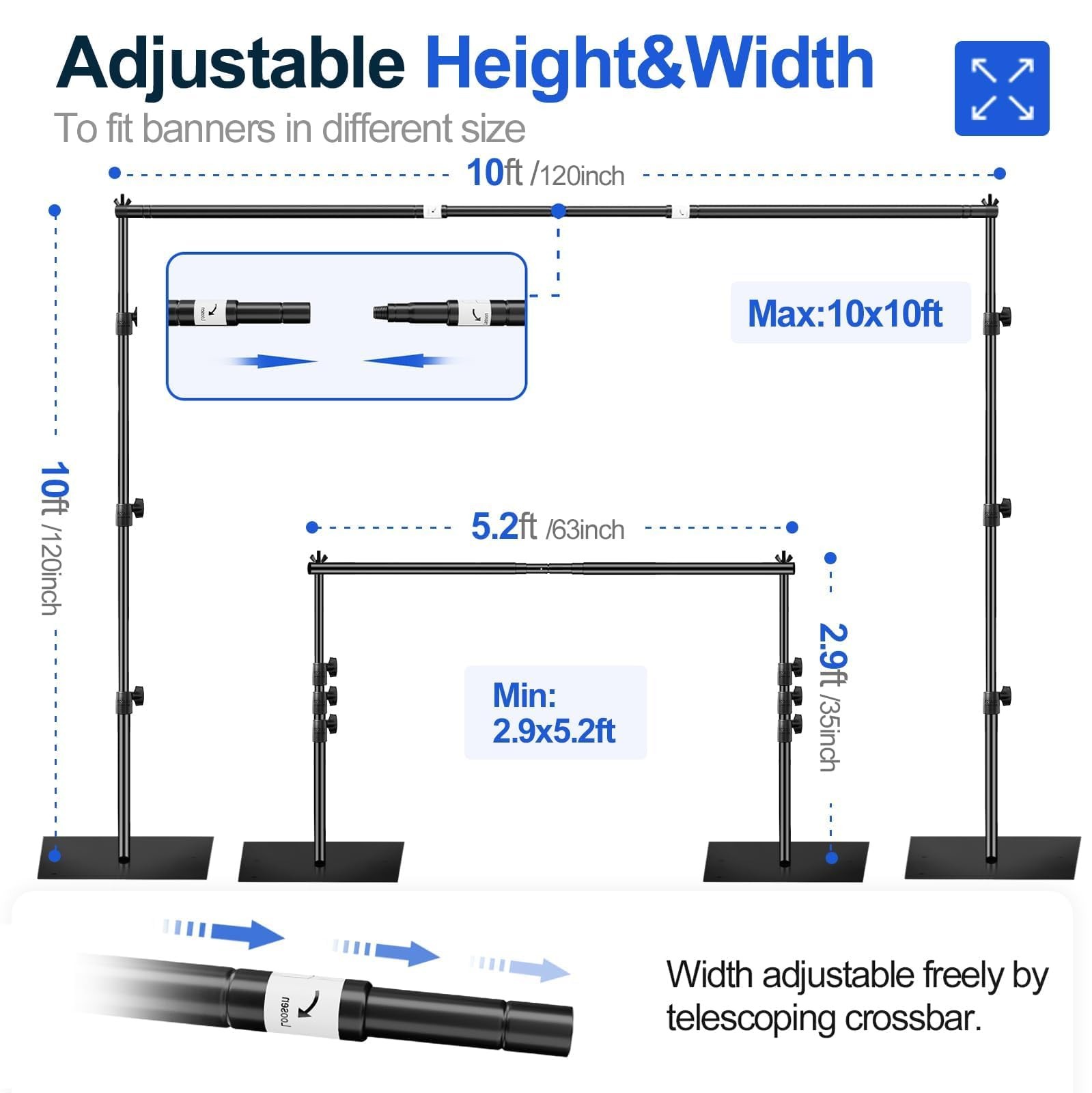 EMART Backdrop Stand, 10x10ft Width Adjustable Photography 10x10ft, Black