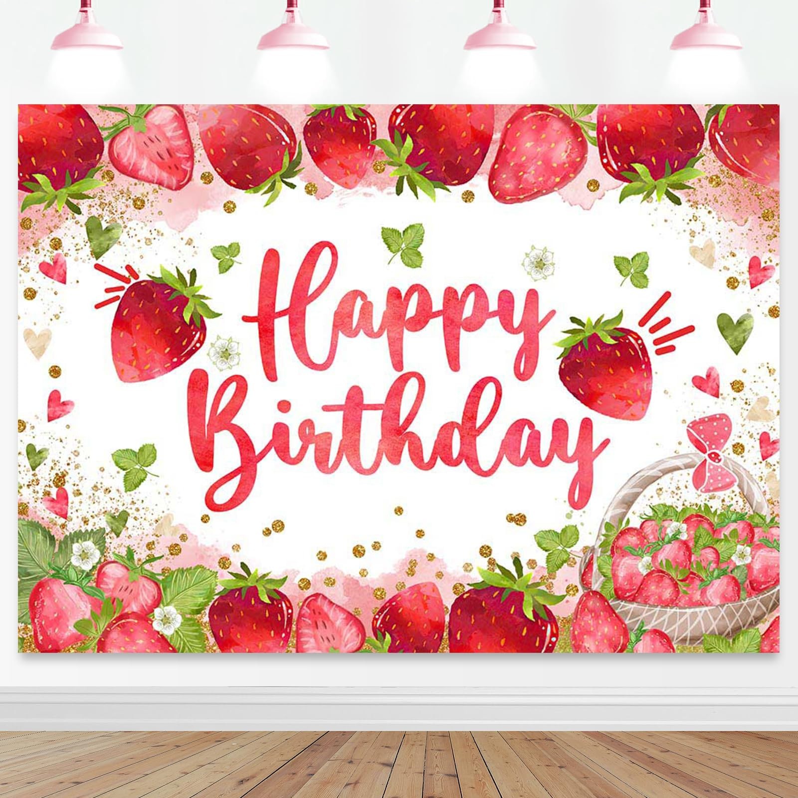 Strawberry Birthday Backdrop 7×5 ft Happy Birthday Girl Party Photo Banner