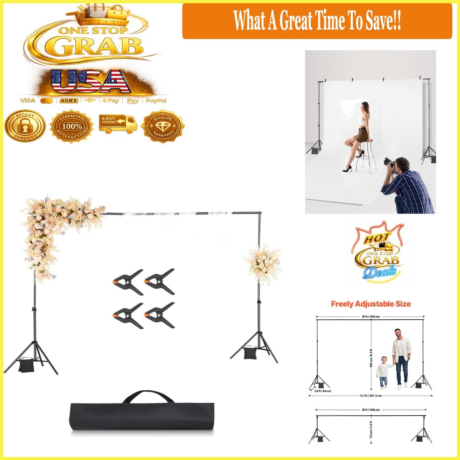 6.5×10 ft Adjustable Metal Backdrop Support Stand Kit for Photo Studio