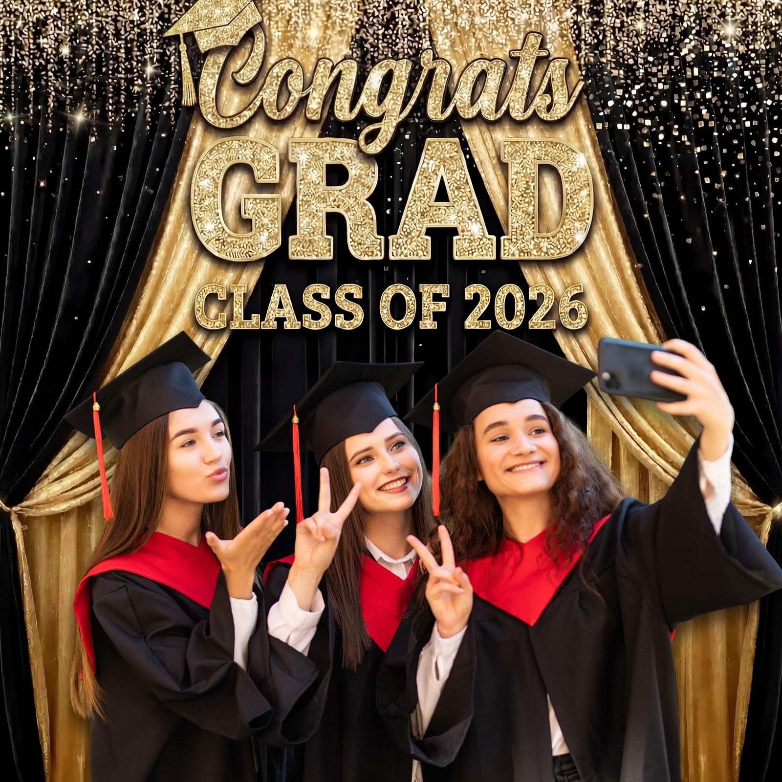 Large Class of 2026 Graduation Backdrop 5.9 x 6.6 ft Black Gold Congrats Grad Gr