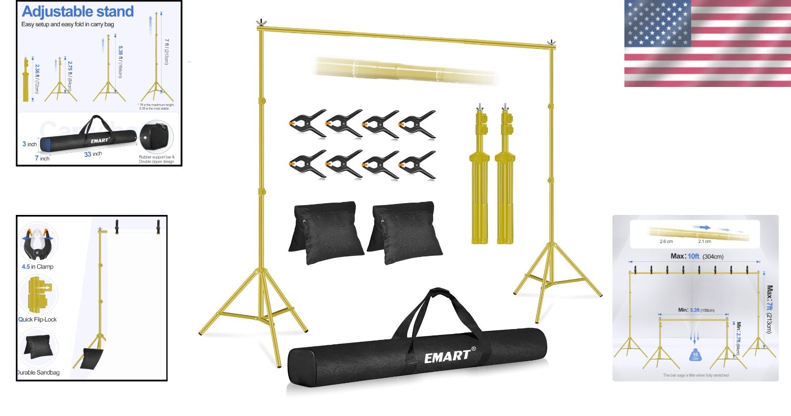 Sturdy 10x7ft Backdrop Stand with Crossbars & Sandbags for Events – Gold Finish