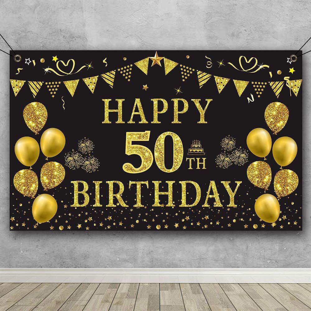 50th Birthday Backdrop Gold and Black 5.9 X 3.6 Fts Happy Birthday Party Deco…