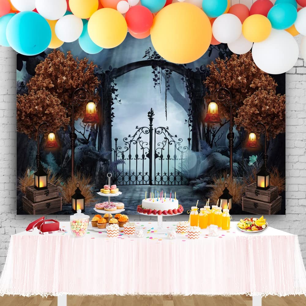 8x6ft Durable Fabric Halloween Backdrop, Horror Cemetery, Iron Gate, Scary