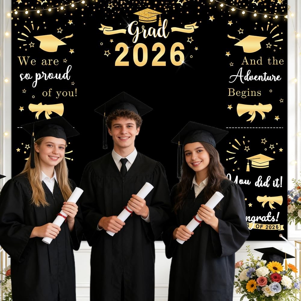 Class of 2026 Graduations Backdrop Black Gold Congrats Party Photo Backgrou