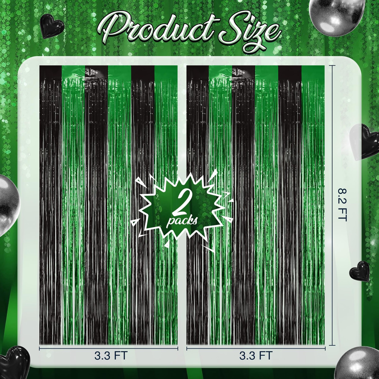 2 PCS Green Black Fringe Backdrop Shining Foil Tinsel Curtains Streamers