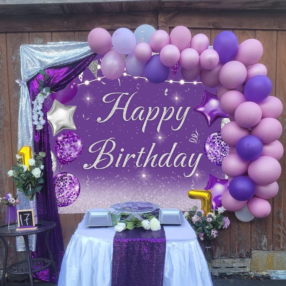 INRUI Purple Happy Birthday Photography Backdrop Silver Glitter 7x5FT, purple