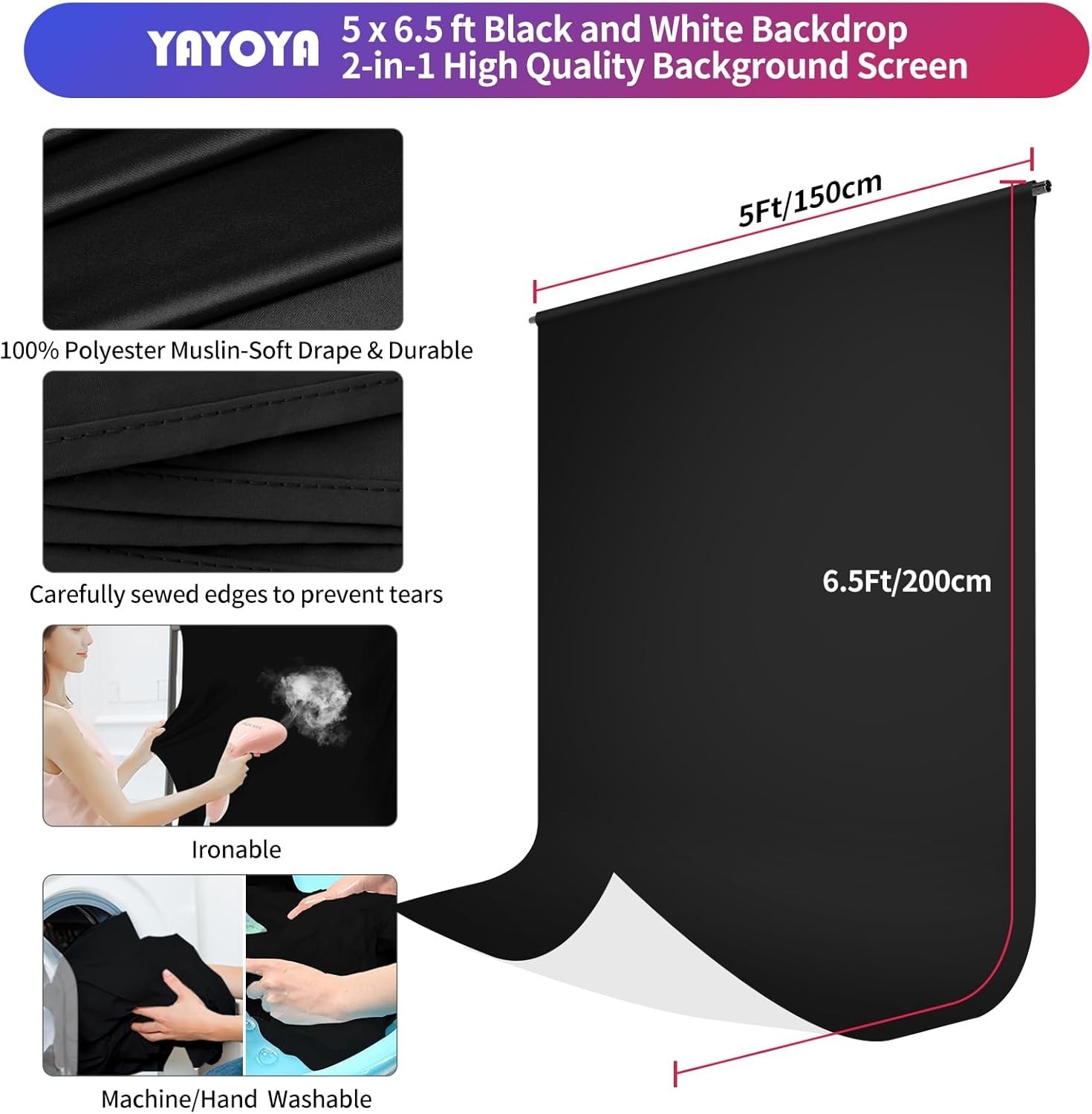 Professional 5×6.5ft Black & White Photography Backdrop with T-Shaped Stand