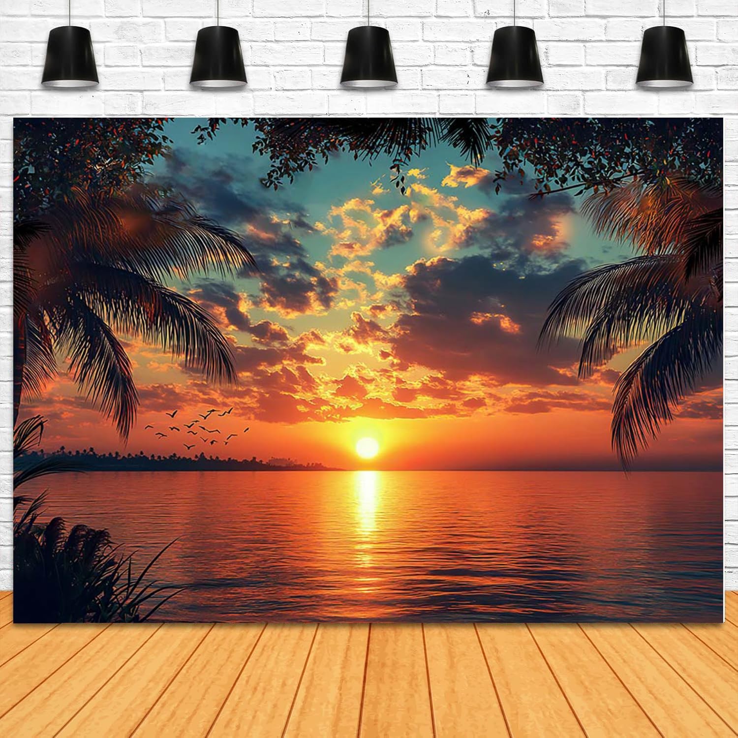 7x5ft Sunset Summer Beach Tropical Luau Palm Leaves Ocean Photo Backdrop