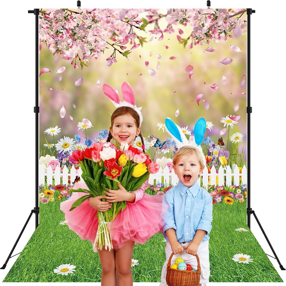 Spring Easter Backdrop 5×7 Ft Pink Flowers Green Lawn Photography Background