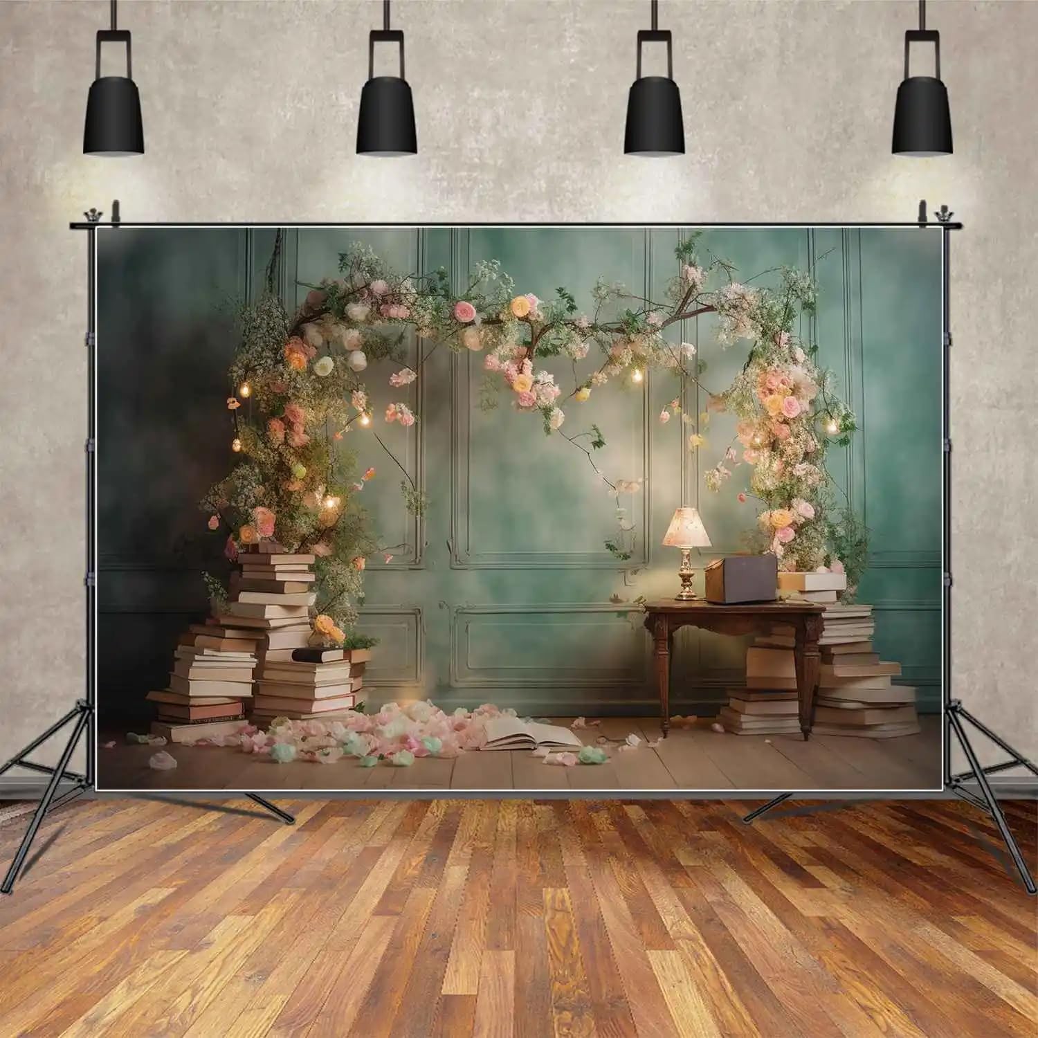 7x5ft Floral Fine Book Art Backdrop Green Wall Bulb Light Pink Photo Studio