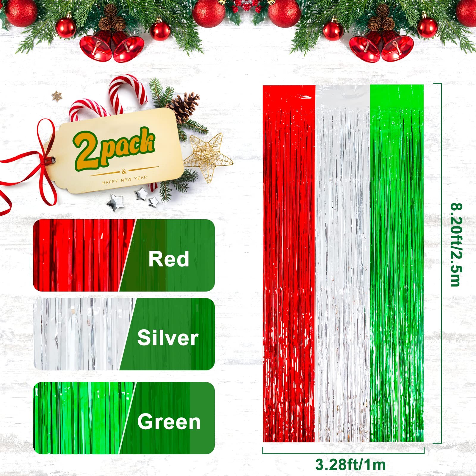 2 PCS Christmas Foil Fringe Curtains Tinsel Photo Backdrop 3.2×8.2 Ft Holiday