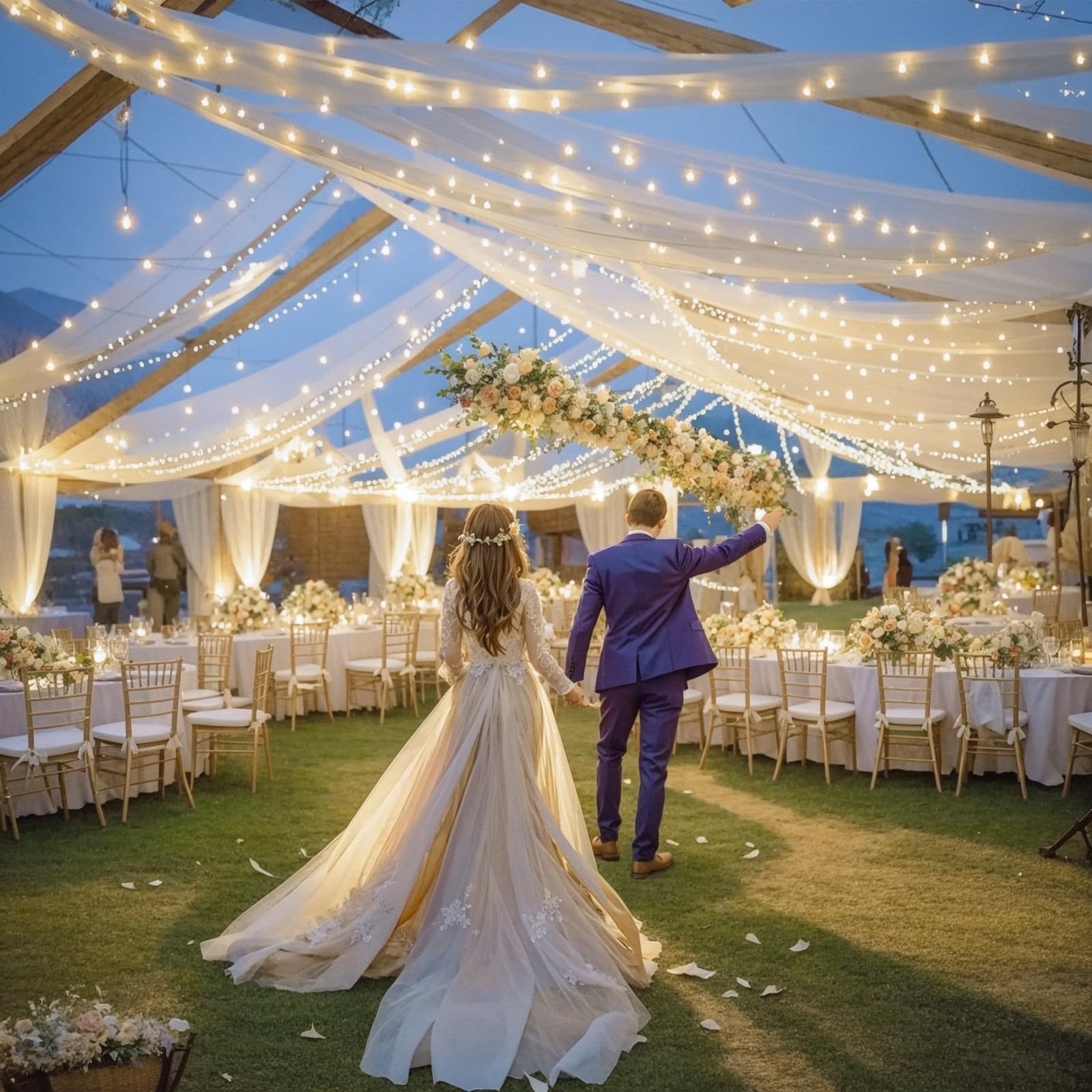 Ivory Ceiling 60″W x 360″L (Pack of 6), Drapes + Lights String