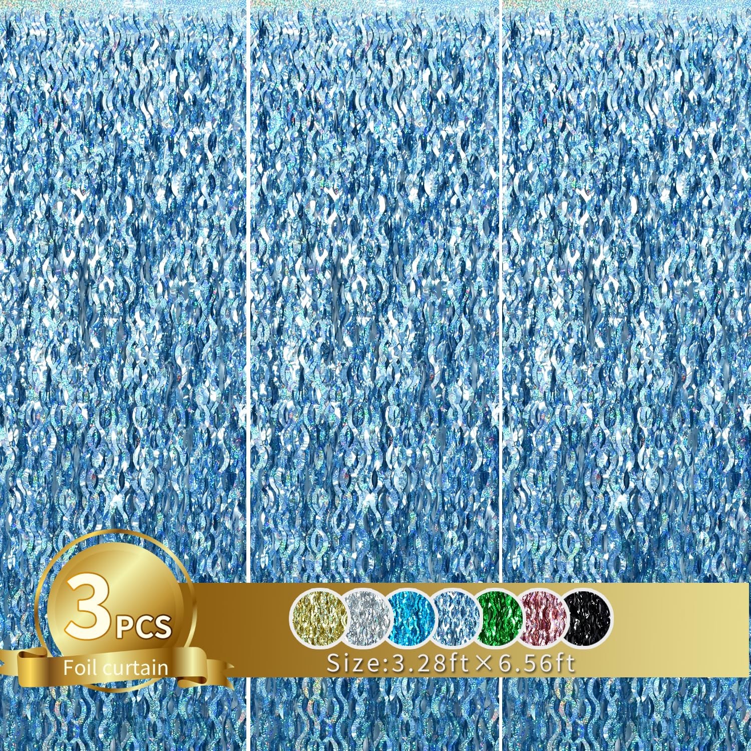 Light Blue Wavy Metallic Tinsel Foil Fringe Curtains Backdrop 3 PCS Set