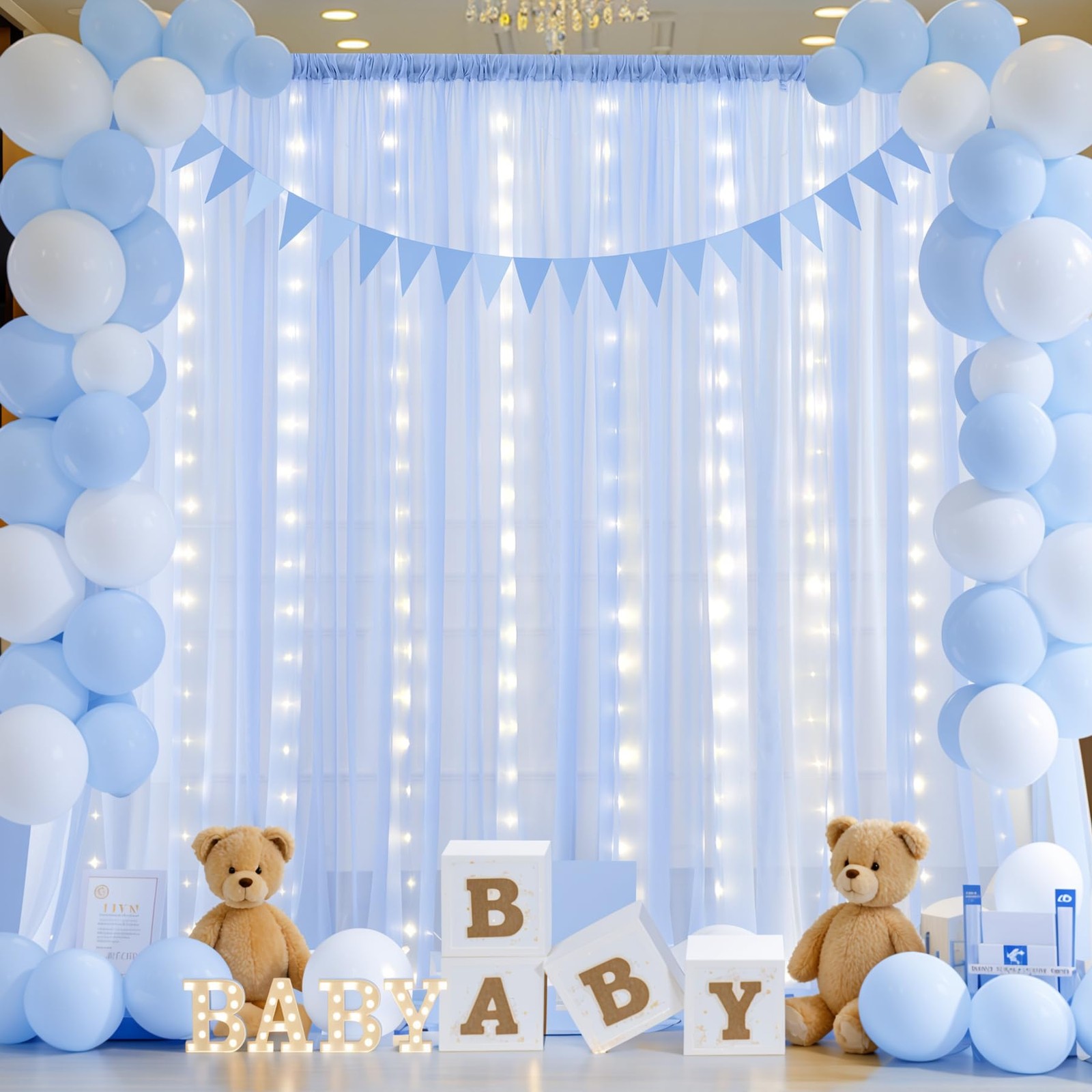 Chiffon Backdrop Curtain Lights String Sheer Tulle Wedding Baby Blue 10x10ft