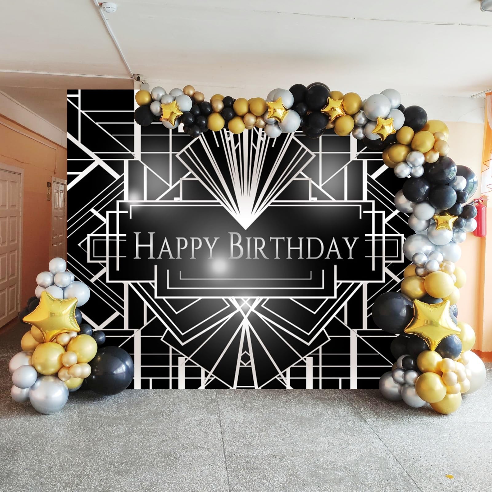 Black and Silver Birthday Backdrop 10x8ft Happy 10x8ft,