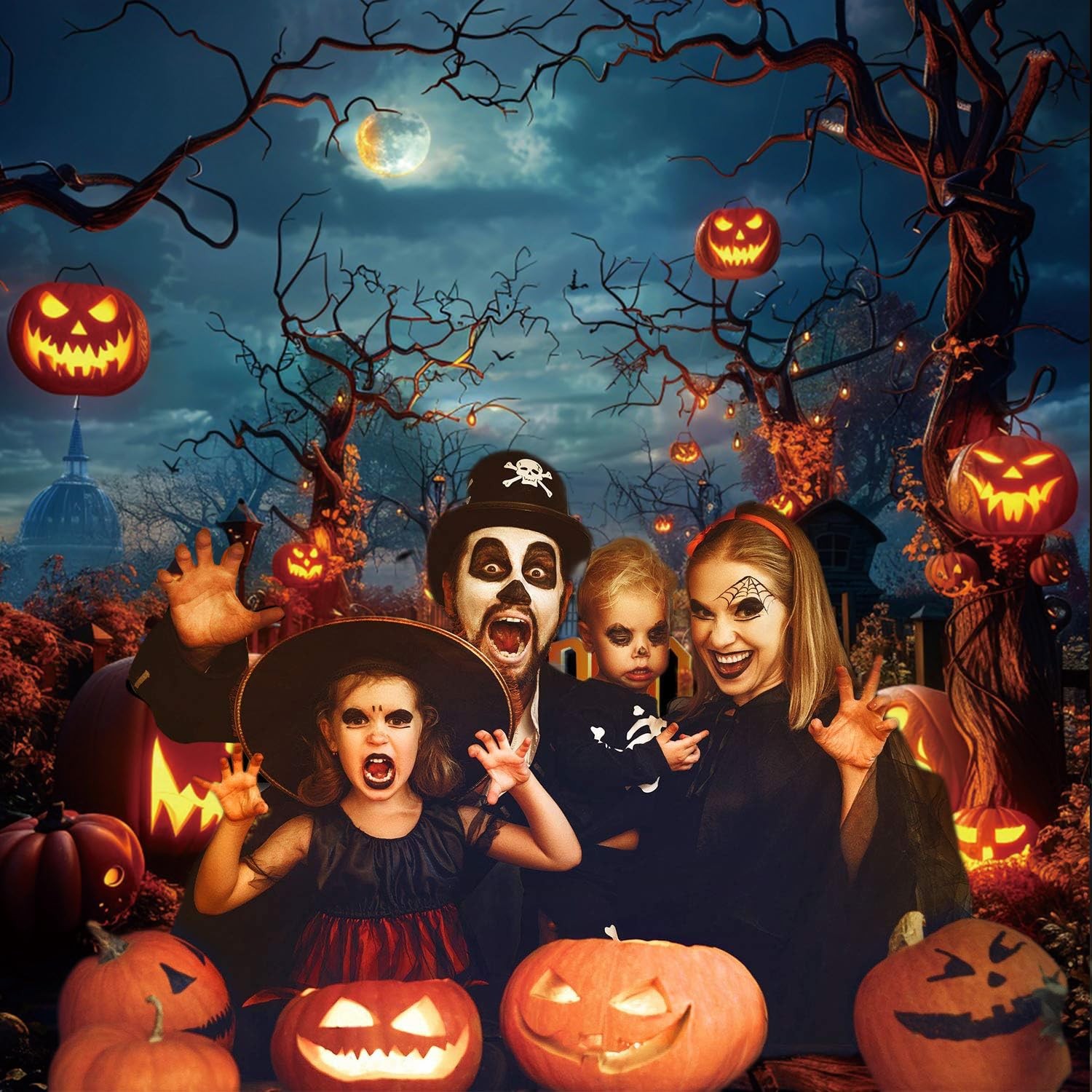 Halloween Backdrop 10x10ft Moon Night Scary Pumpkin Forest Photo Backdrops for