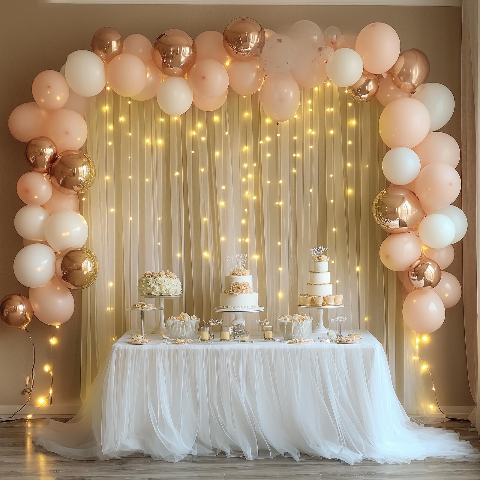 Tulle Backdrop Curtain with Lights String 10FT X 10FT Champagne Sheer Tulle B…