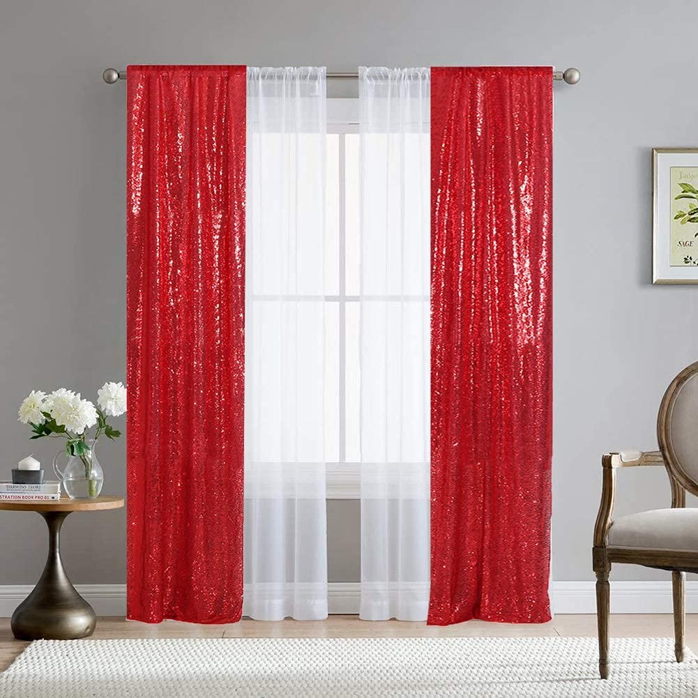 Sequin Curtain Backdrop 2FT x 8FT Red 2 PCS Background for Wedding Party Set