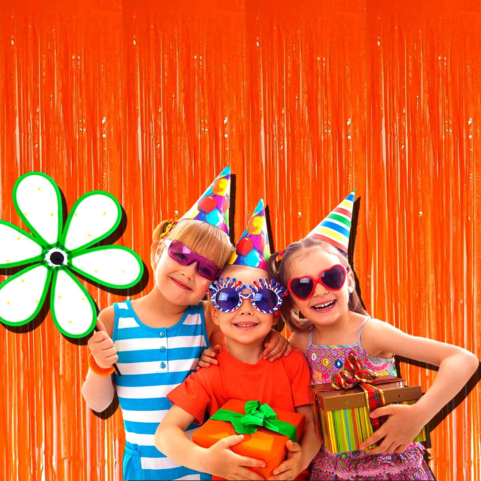 4 PCS Orange Foil Fringe Curtain Backdrop 3.3×9.8 FT Metallic Tinsel