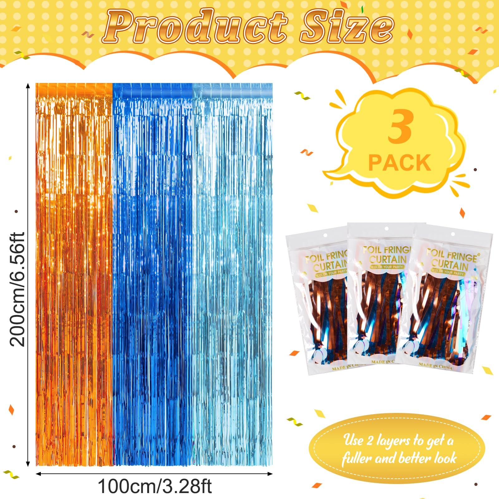 3 Pack 3.3×6.6Ft Blue Dog Foil Fringe Curtains, Orange, Light Blue Tinsel