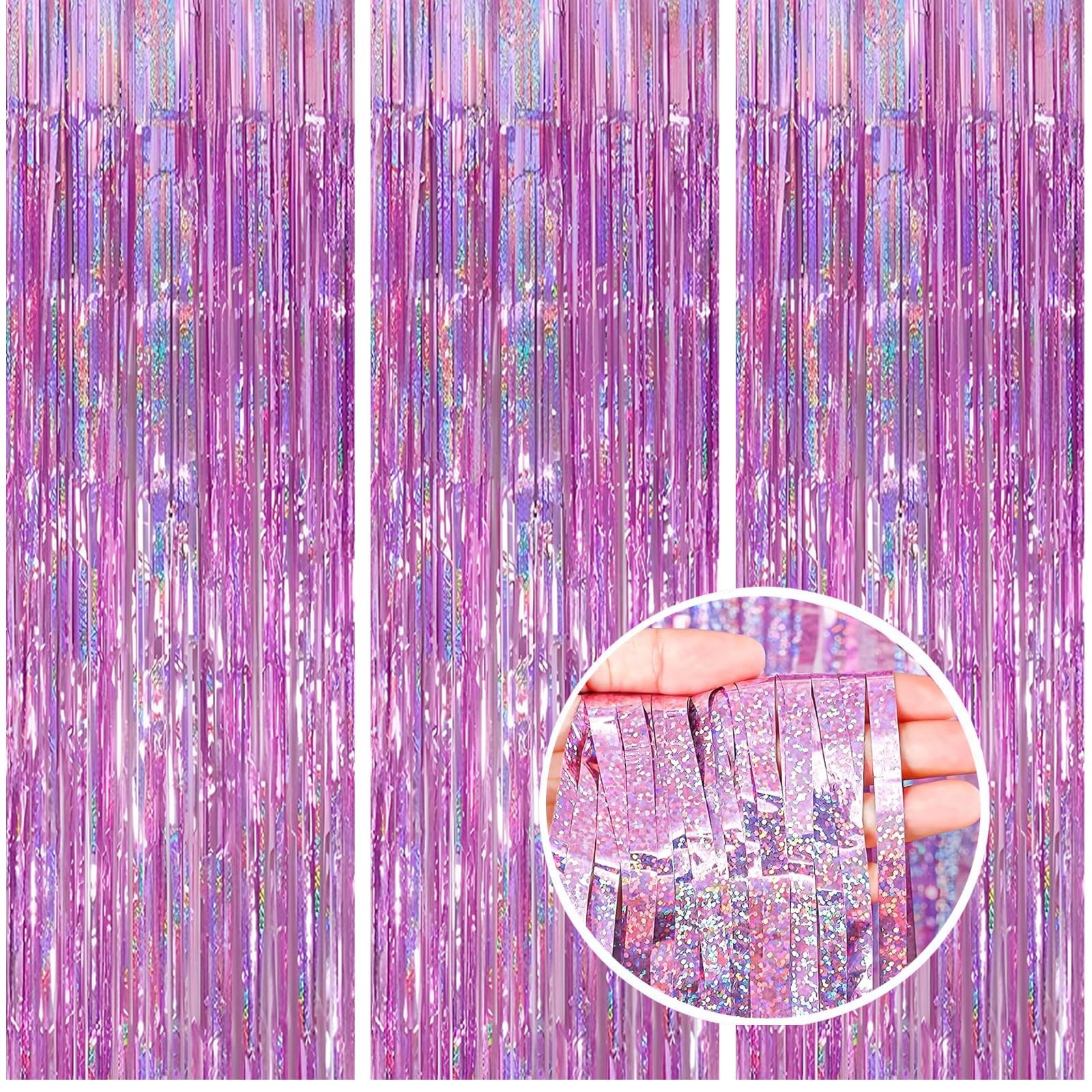 3 Pack Foil Curtain Backdrop 3.3×6.6 ft Tinsel Fringe 3.28 Ft X 6.56 Ft, Pink