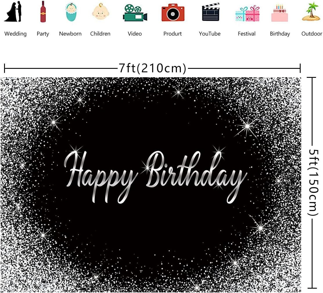 Black Happy Birthday Backdrop Glitter Silver Dot Photography Background