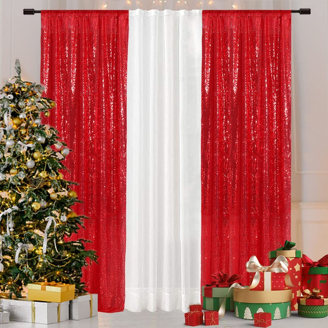 Sequin Curtain Backdrop 2FT x 8FT Red 2 PCS Background for Wedding Party Set