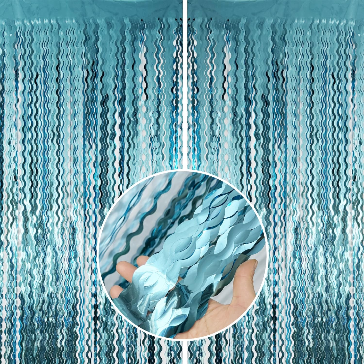 2 PCS 6.4×6.5 Ft Metallic Tinsel Foil Fringe Curtain Party Wavy Light Blue