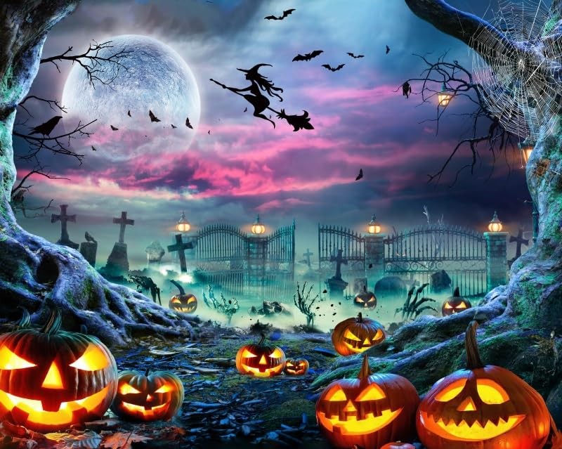 10×8 Ft Halloween Backdrop Scary Full Moon Pumpkin Cemetery Horror