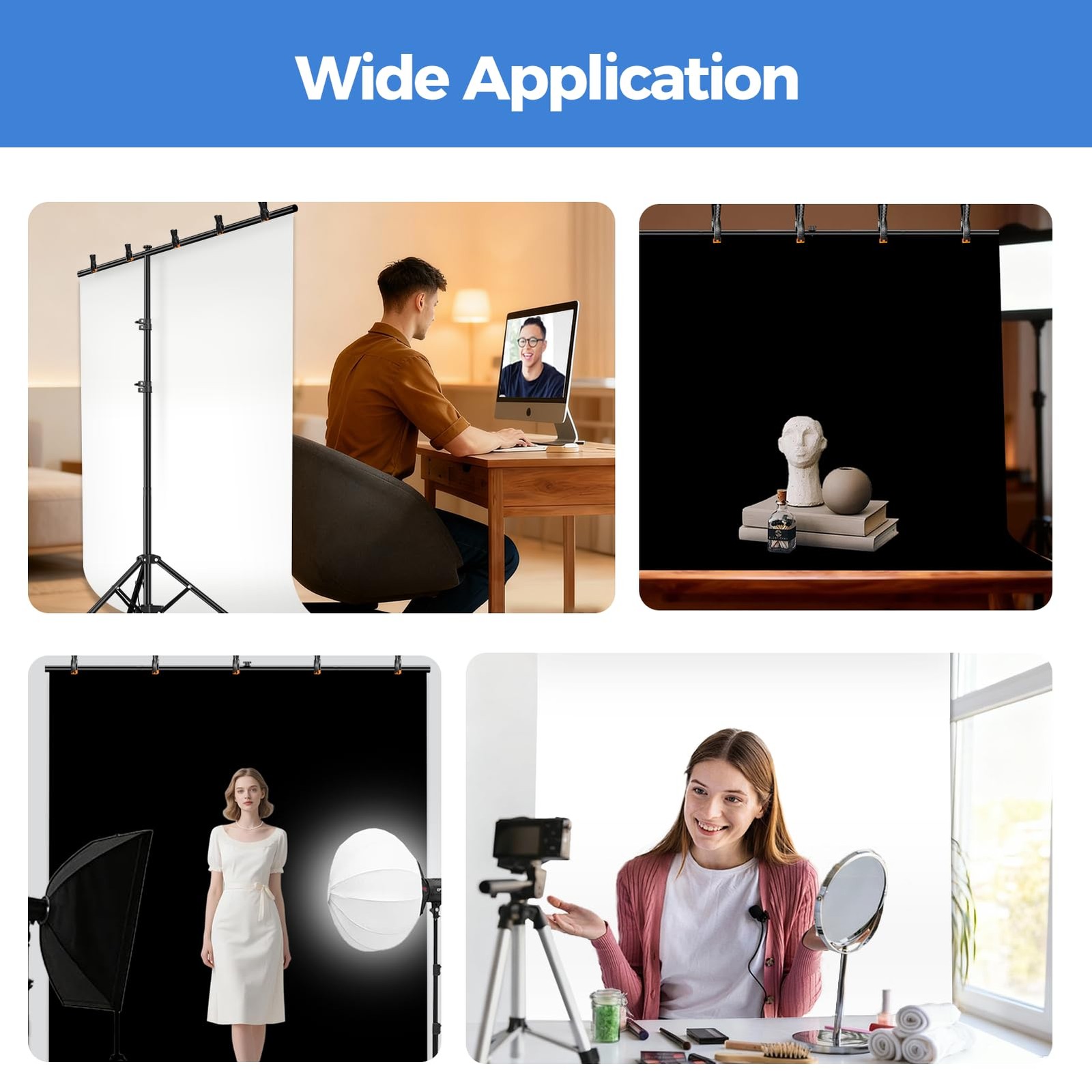 Photo Backdrop with Stand Kit 6.5x5ft, Photography Black and White 2-in-1 Rev…