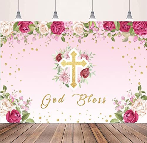 Pink Flower Girl God Bless Backdrop Baptism First Communion 7x5Ft Party Decor