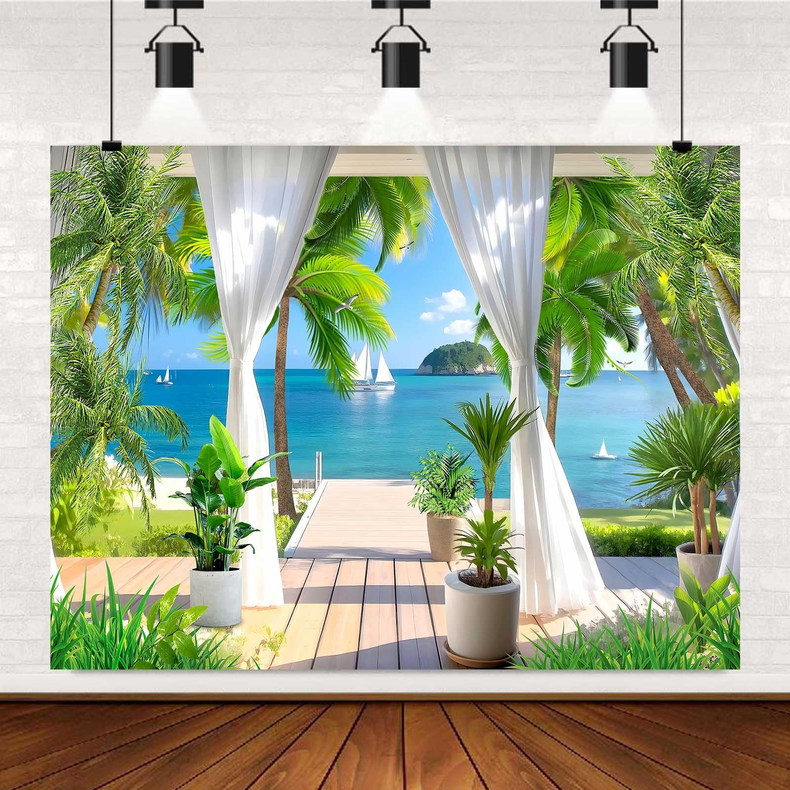 Summer Sea Backdrop Hawaiian Tropical Beach Plants Photography Backdrops, Vil…