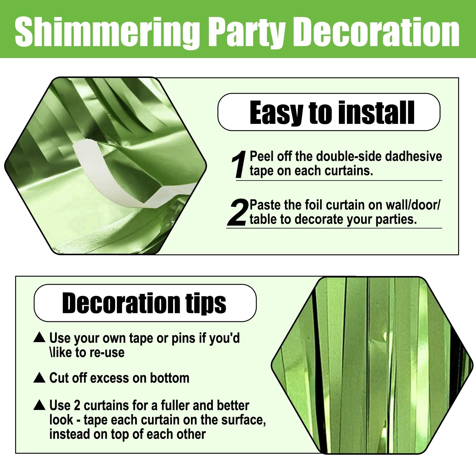6 Pack Light Green Foil Fringe Curtain 3.2 feet x 6.6 feet,