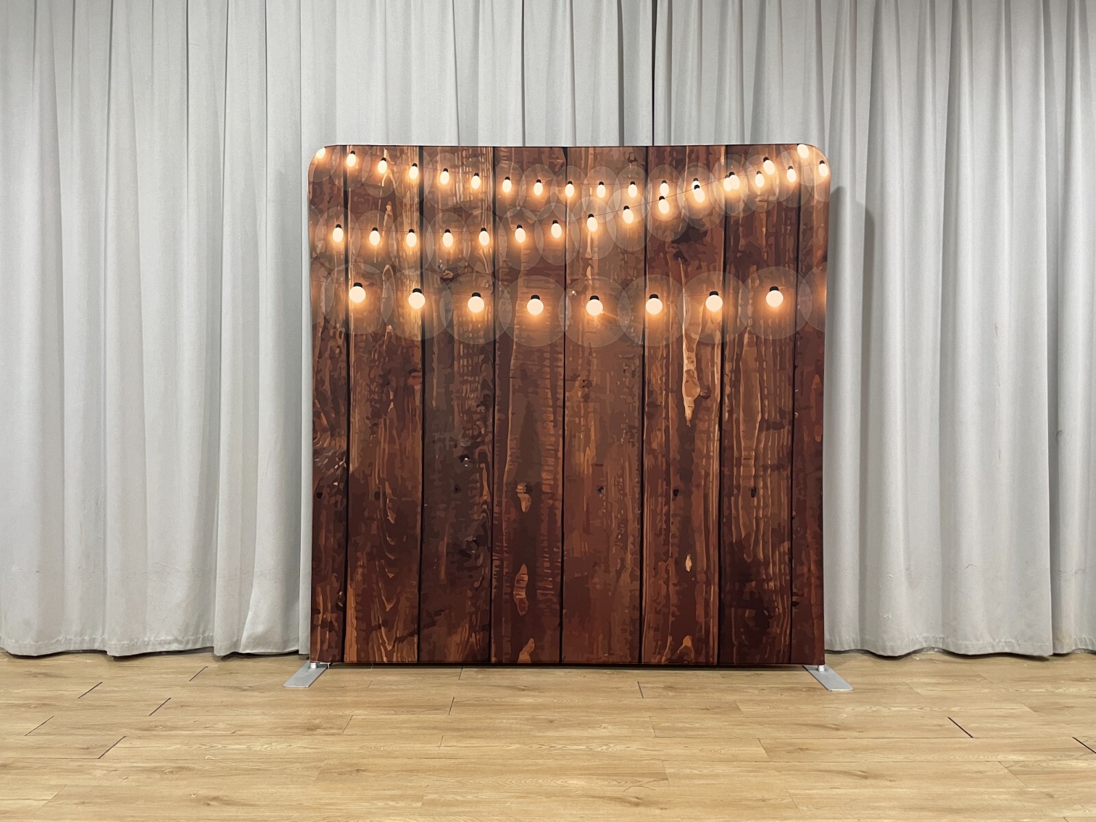 Bakod String Lights on Wood Pillow Case Tension Fabric Backdrop w/ 8ftx8ft Frame