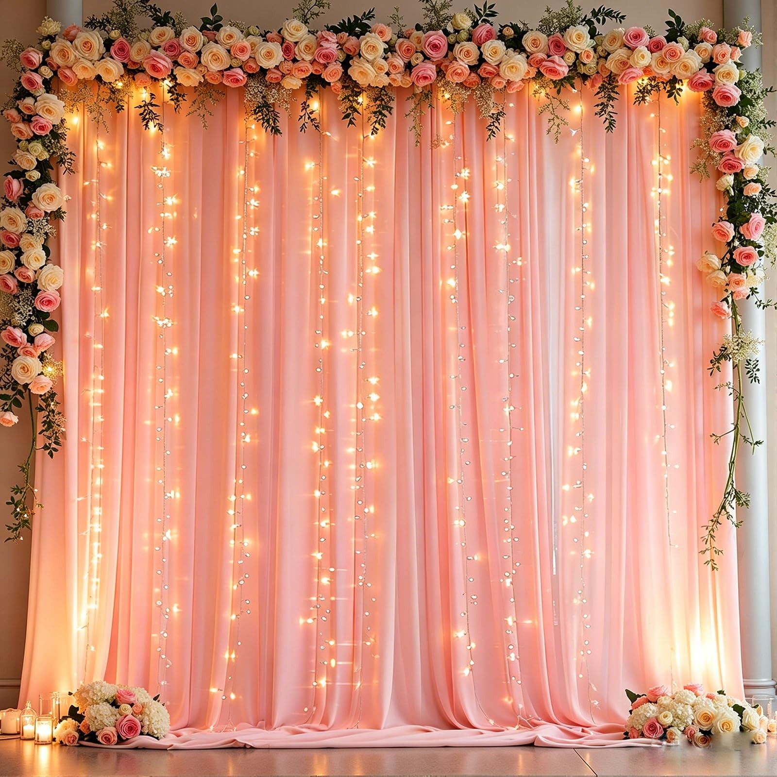 Dusty Pink Polyester Party Backdrop Curtains Drapes With Lights 10x10ft 2PK
