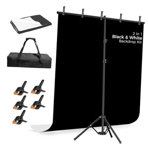 Photo Backdrop with Stand Kit 6.5x5ft, Photography Black and White 2-in-1