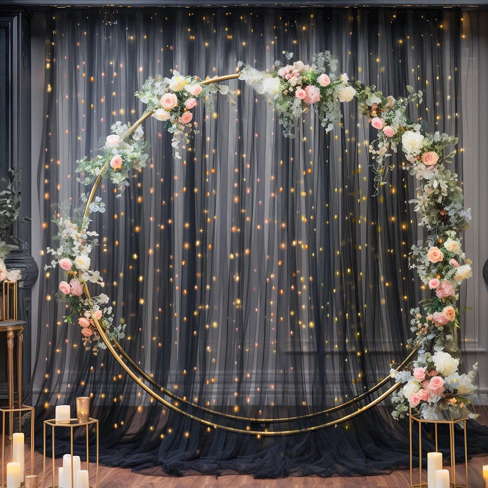 108 Ft Black Tulle Curtain Backdrop With Lights String Sheer Wedding Photo Party