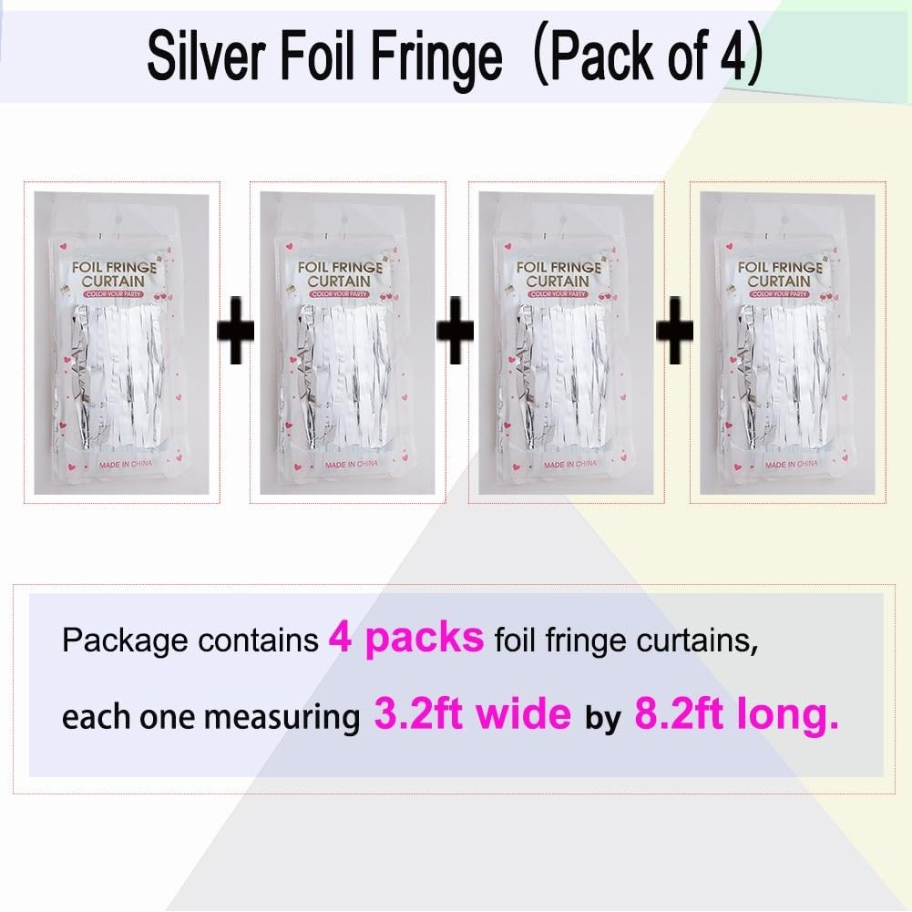 4 Pack Silver Foil Fringe Curtain – Metallic Tinsel Streamer Backdrop