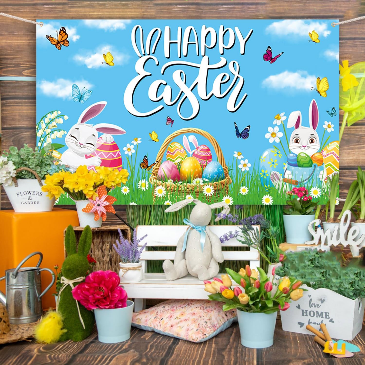 AIBIIN Happy Easter Backdrop Banner Colorful Flower 5.9×3.6ft, Multicolor