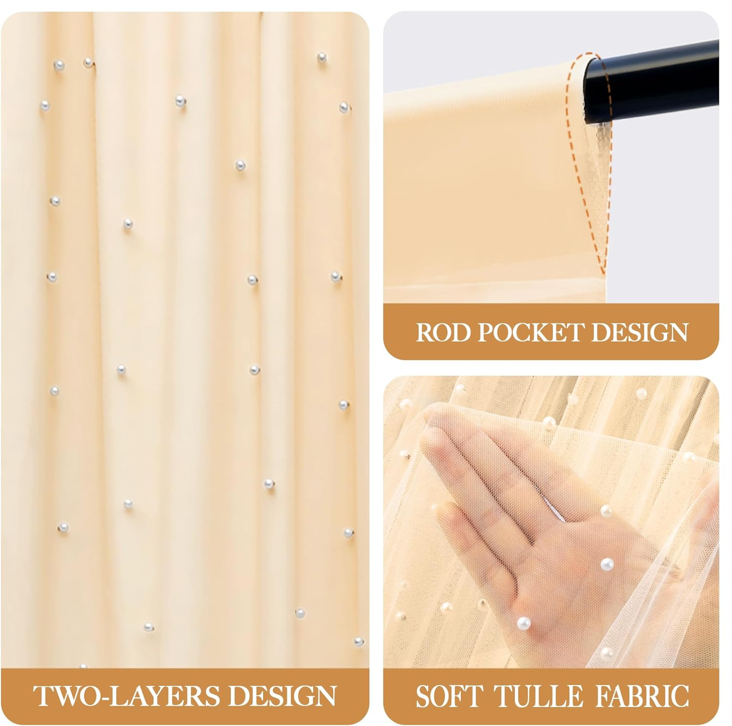 Champagne Pearl Tulle Backdrop with LED Lights for Weddings & Events