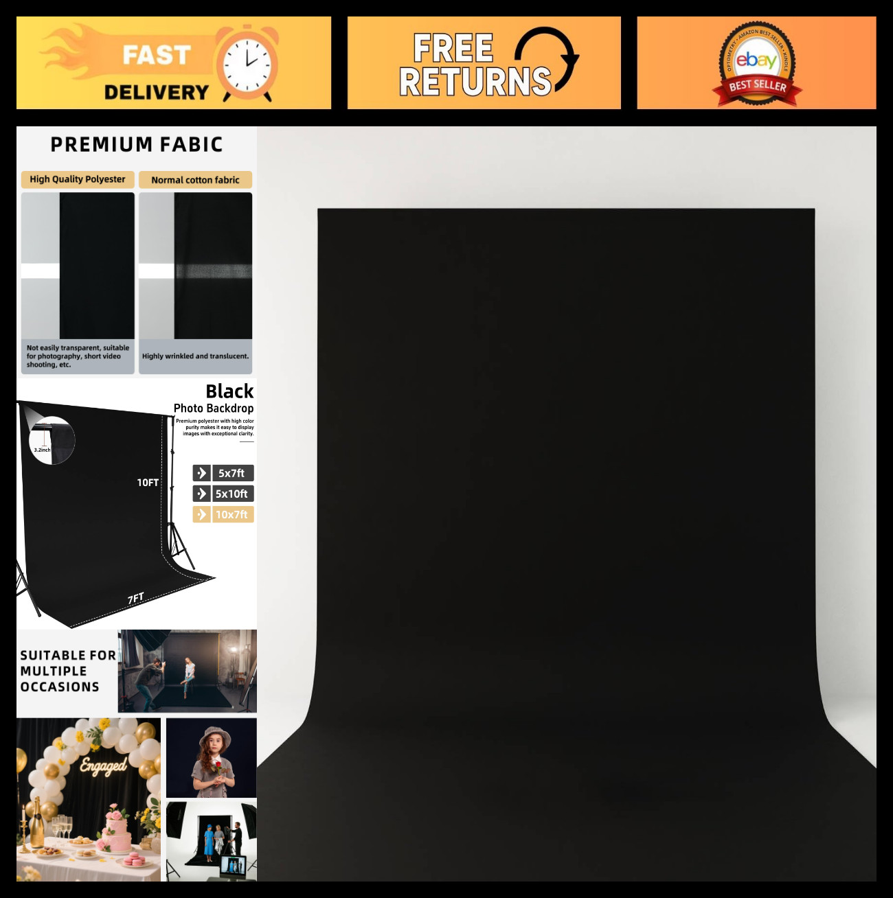10x7FT Black Photography Backdrop – Studio Curtain for Portraits, Events & Video