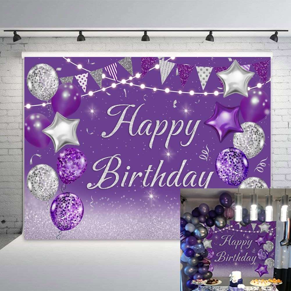 INRUI Purple Happy Birthday Photography Backdrop Silver Glitter 7x5FT, purple