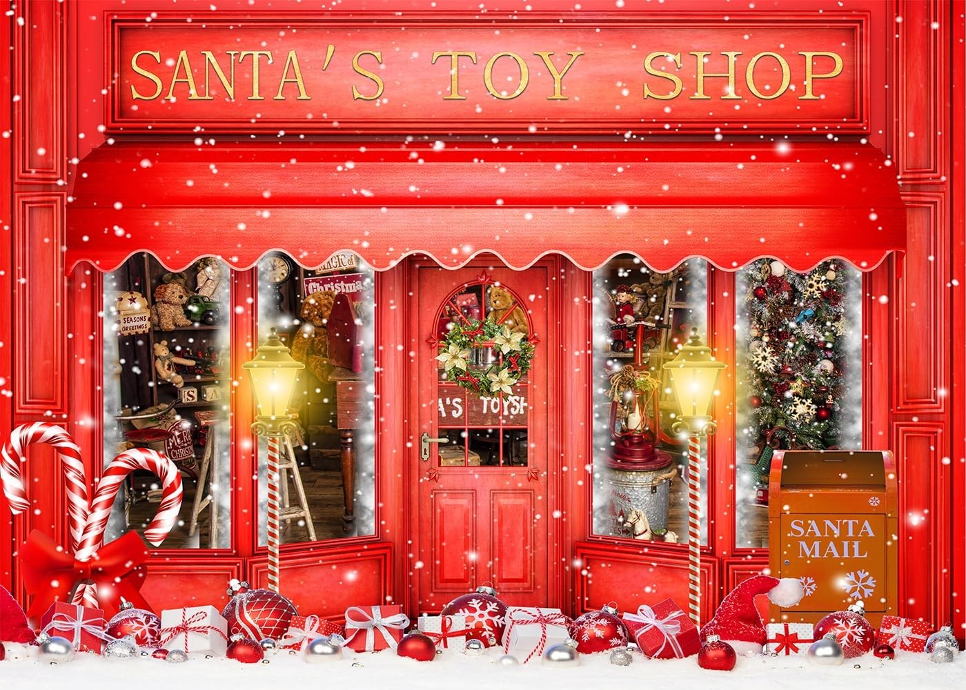 DePhoto Red Christmas Photo Backdrop Santa’s Toy Shop Candy Cane 7’X5′,