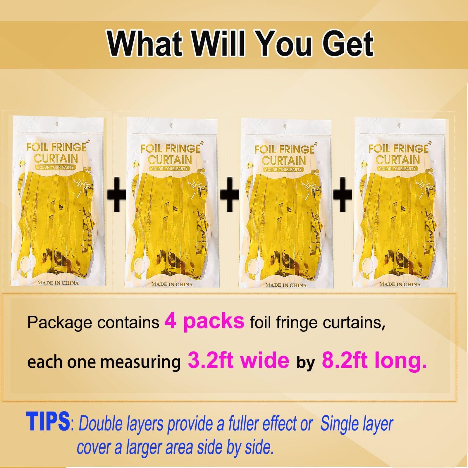 4 PCS Gold Streamers Backdrop Curtains 3.2×8.2 Ft Foil Fringe Birthday Party