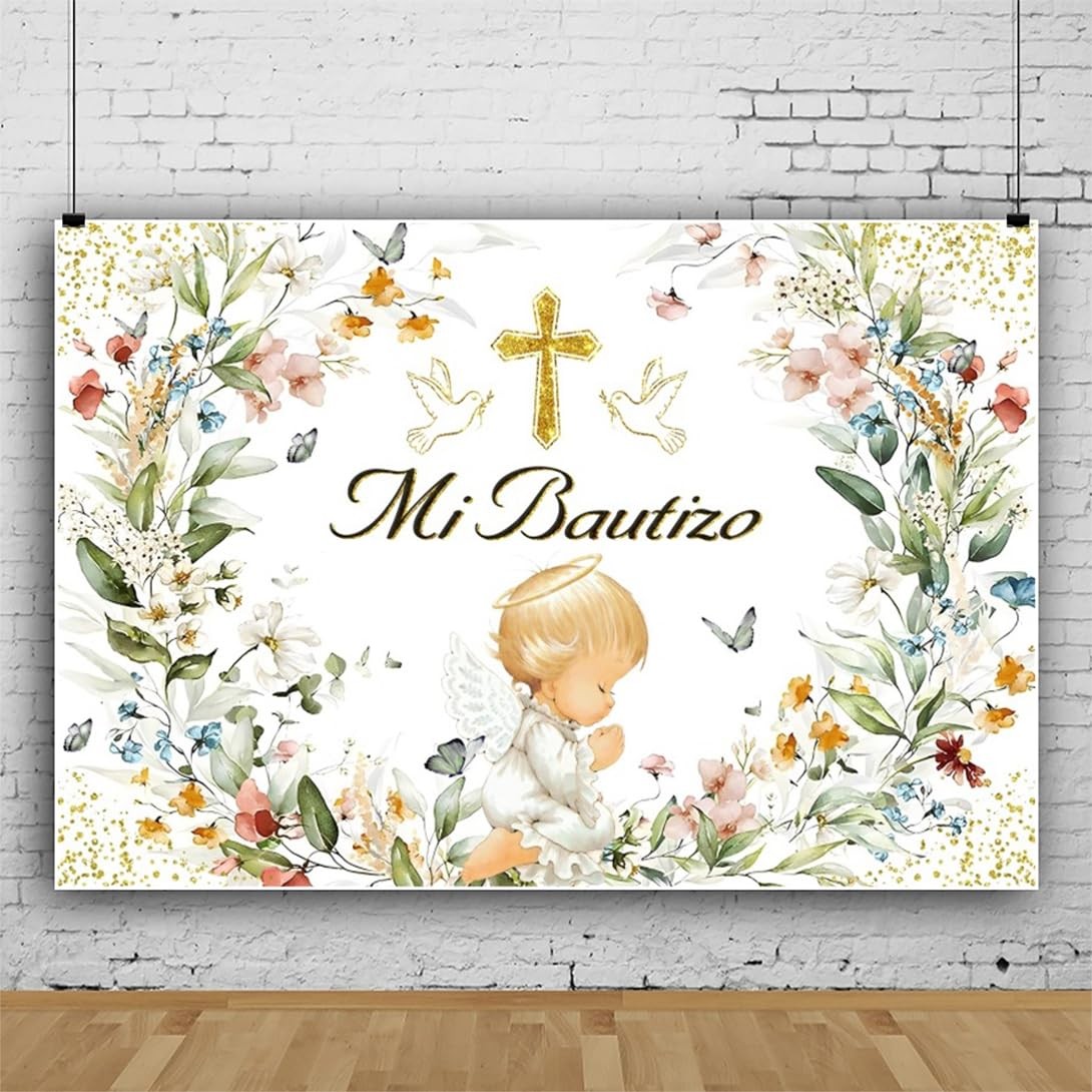 Green God Bless Baptism Backdrop Pink Floral Gold Cross for First Communion