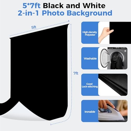 Photo Backdrop with Stand Kit 6.5x5ft, Photography Black and White 2-in-1
