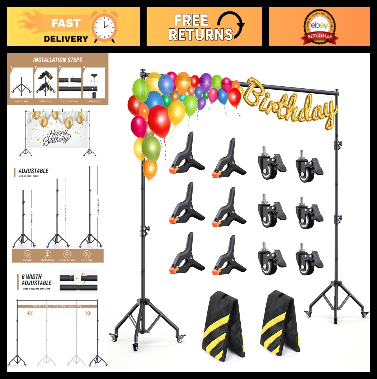 Adjustable Backdrop Stand with Wheels 10×7.5FT – Heavy Duty Photo & Video Suppor