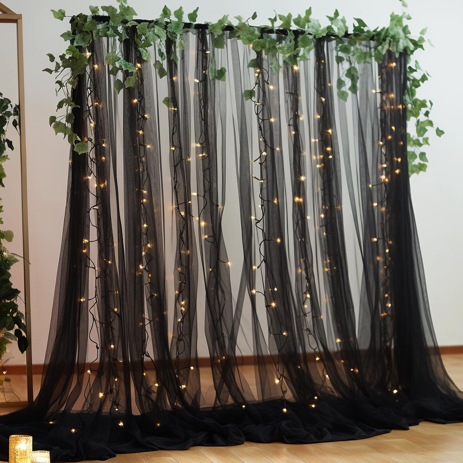108 Ft Black Tulle Curtain Backdrop With Lights String Sheer Wedding Photo Party